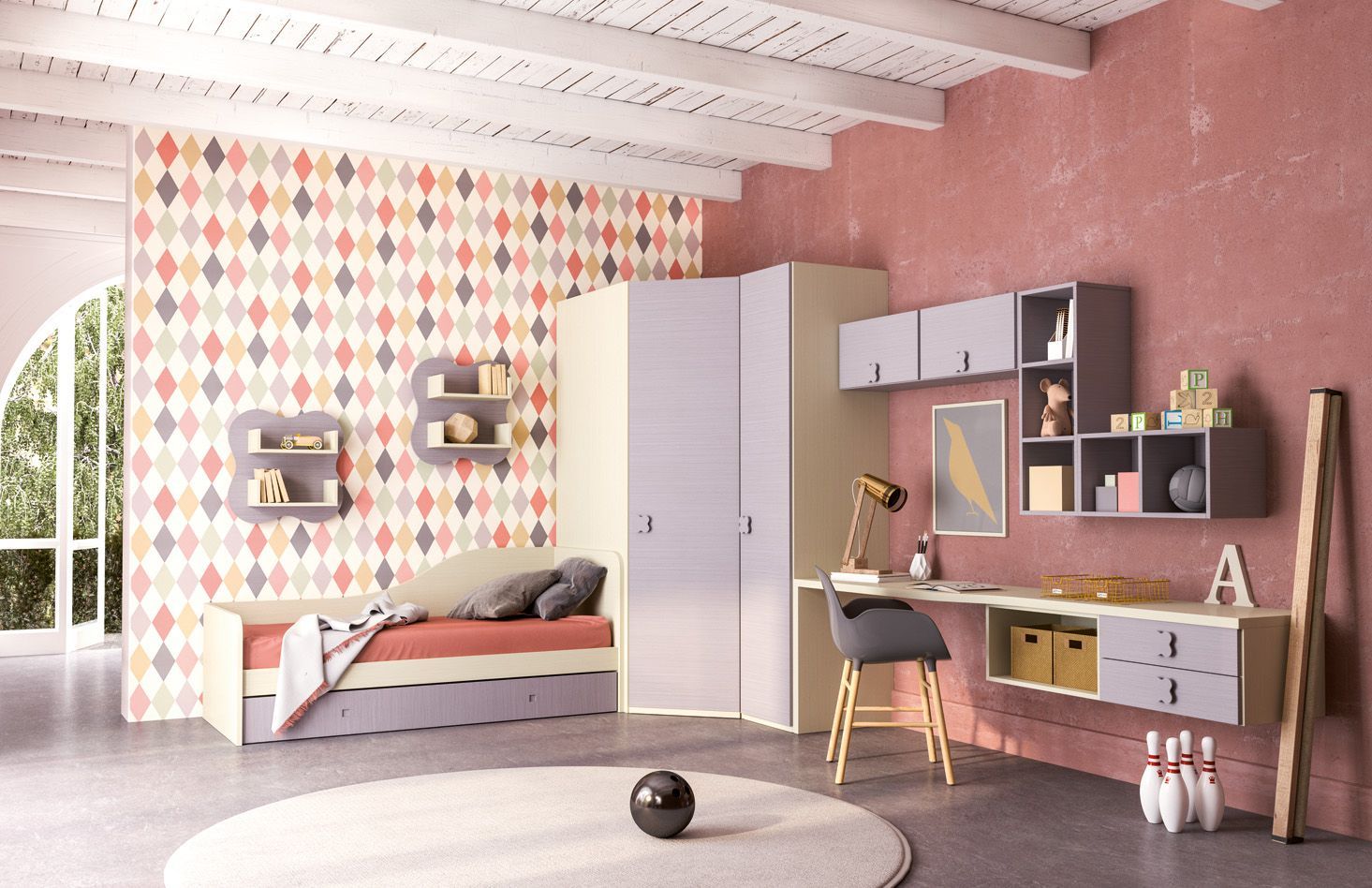 Una camera da letto con un letto e una scrivania con la lettera a sopra