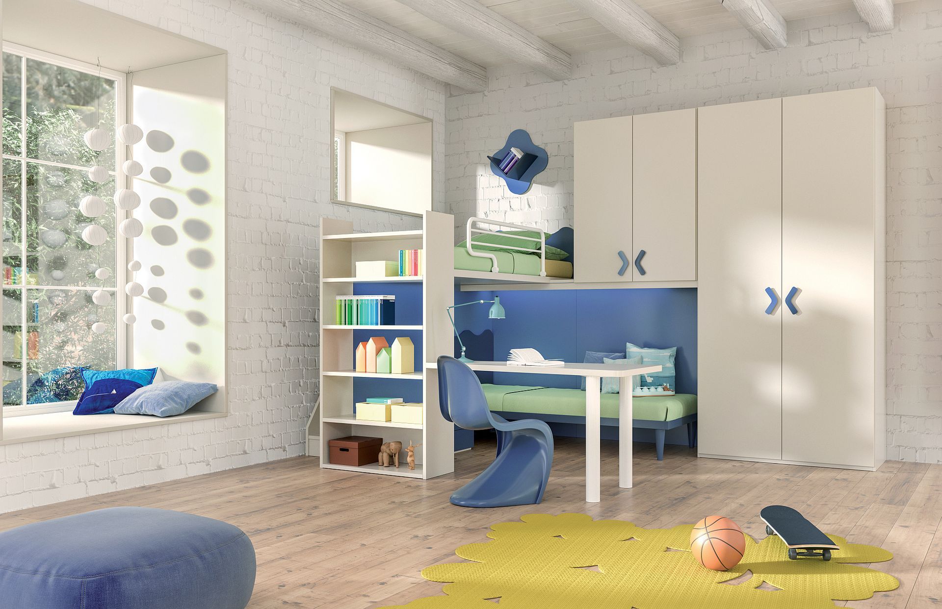 Una cameretta per bambini con un letto a castello e una scrivania