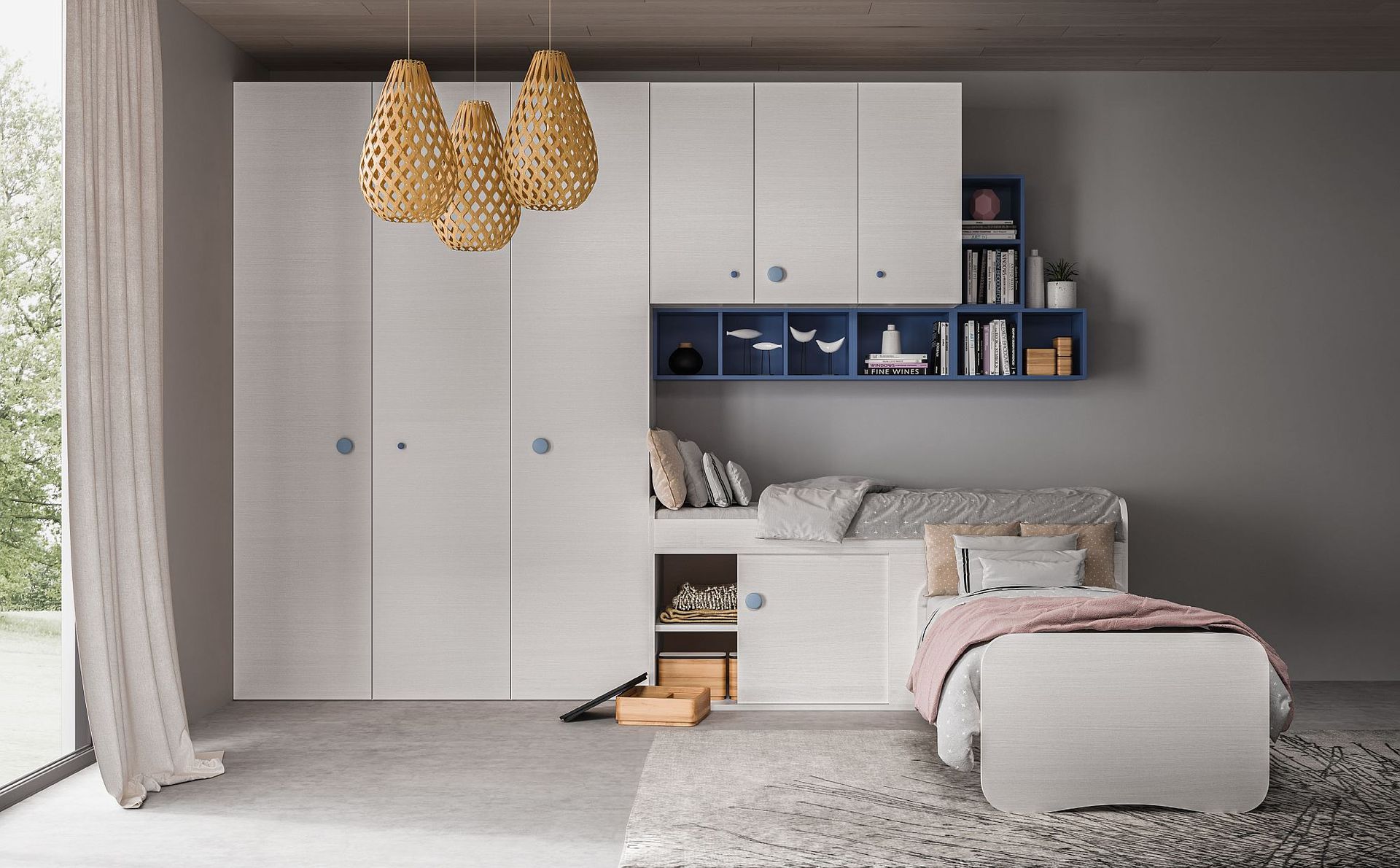 Una camera da letto con un letto e un armadio con maniglie blu