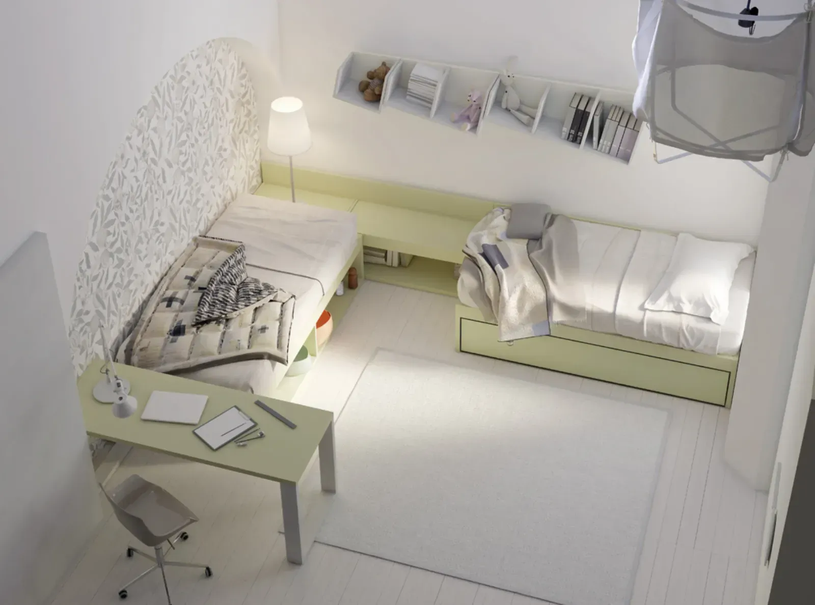 Una vista aerea di una camera da letto con due letti e una scrivania