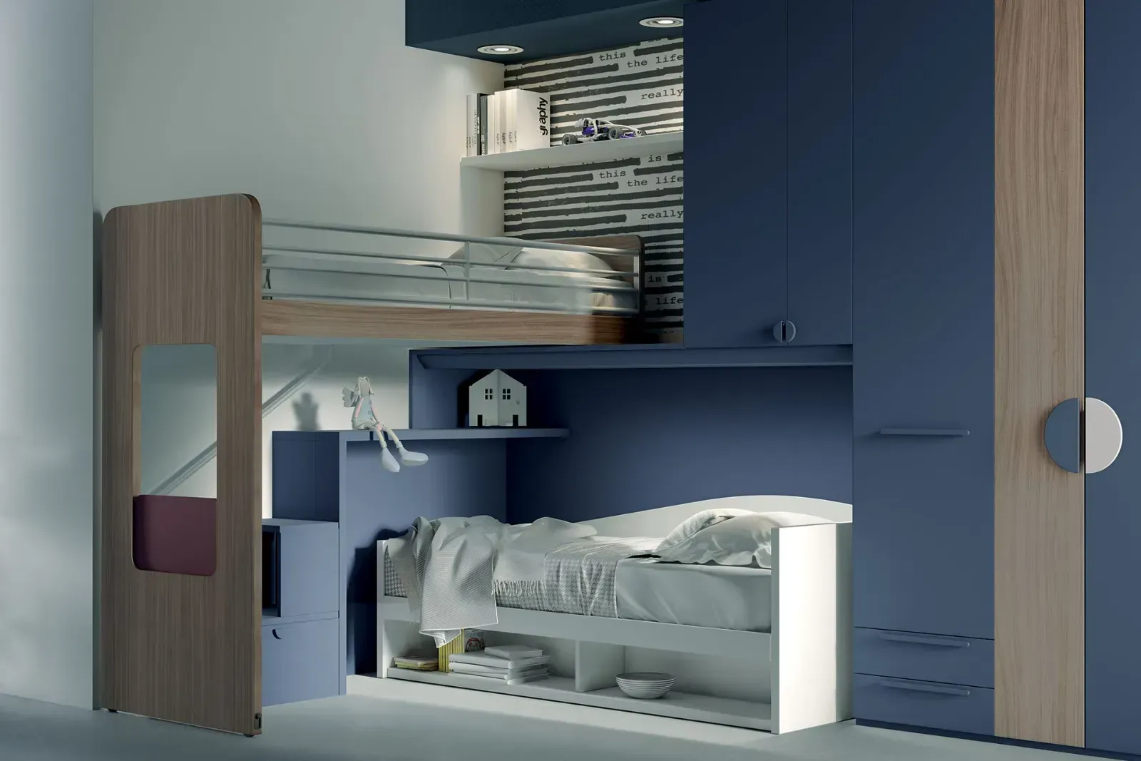 Un letto a castello in una stanza con armadi blu