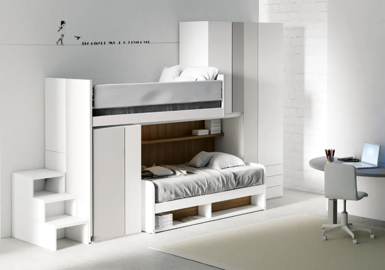 Una camera da letto con un letto a castello e una scrivania con un computer portatile sopra