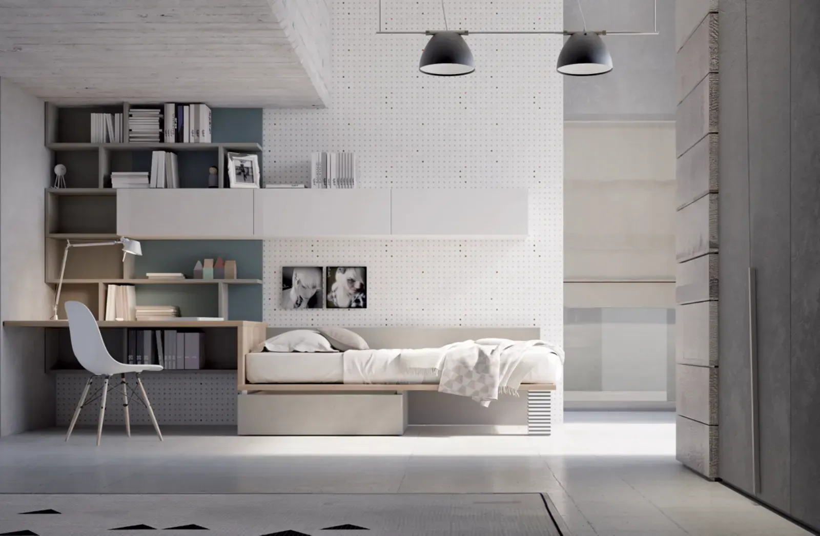 Una camera da letto con un letto, una scrivania e una sedia