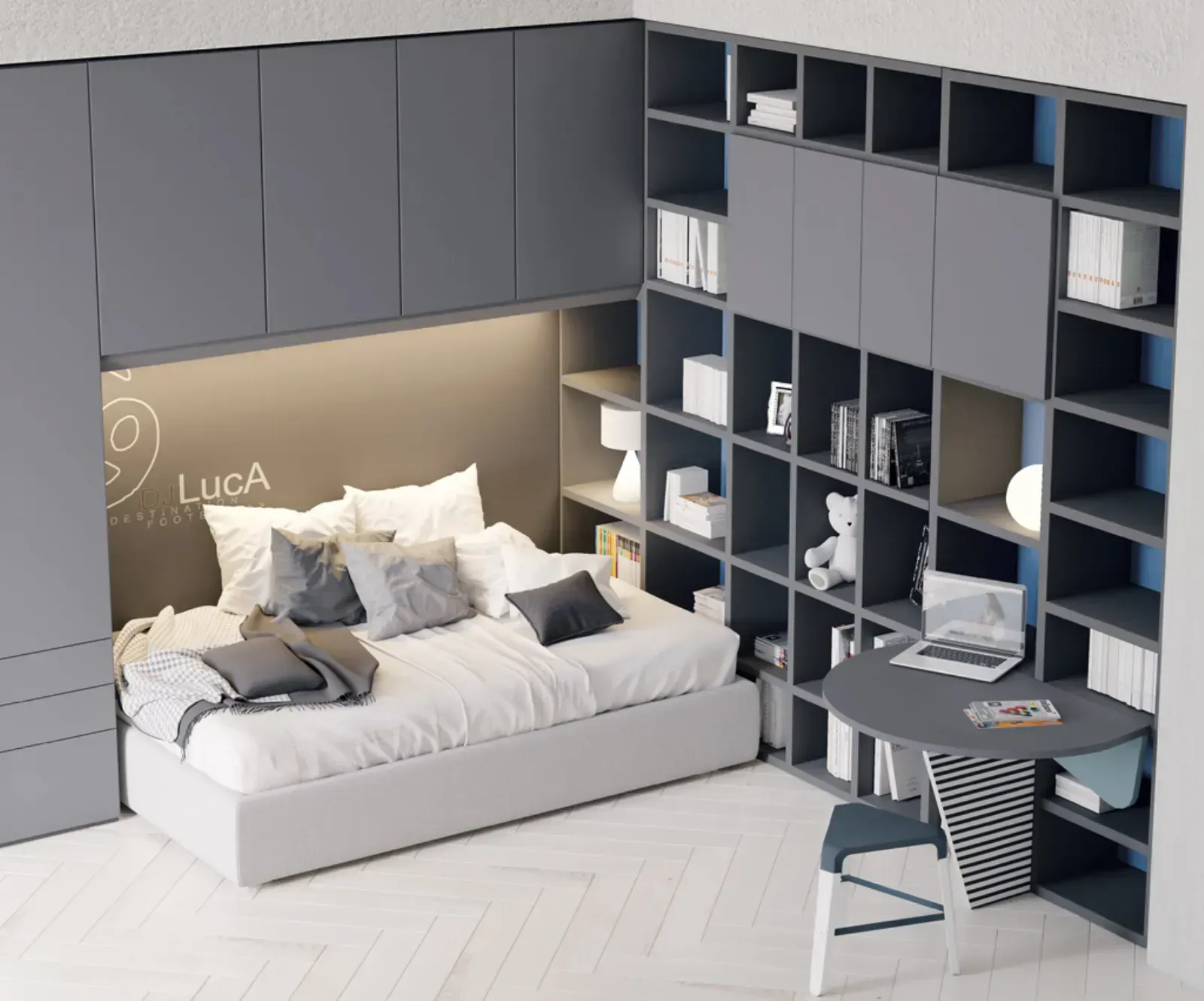 Una camera con un letto e una scrivania con il nome luca scritto sul muro