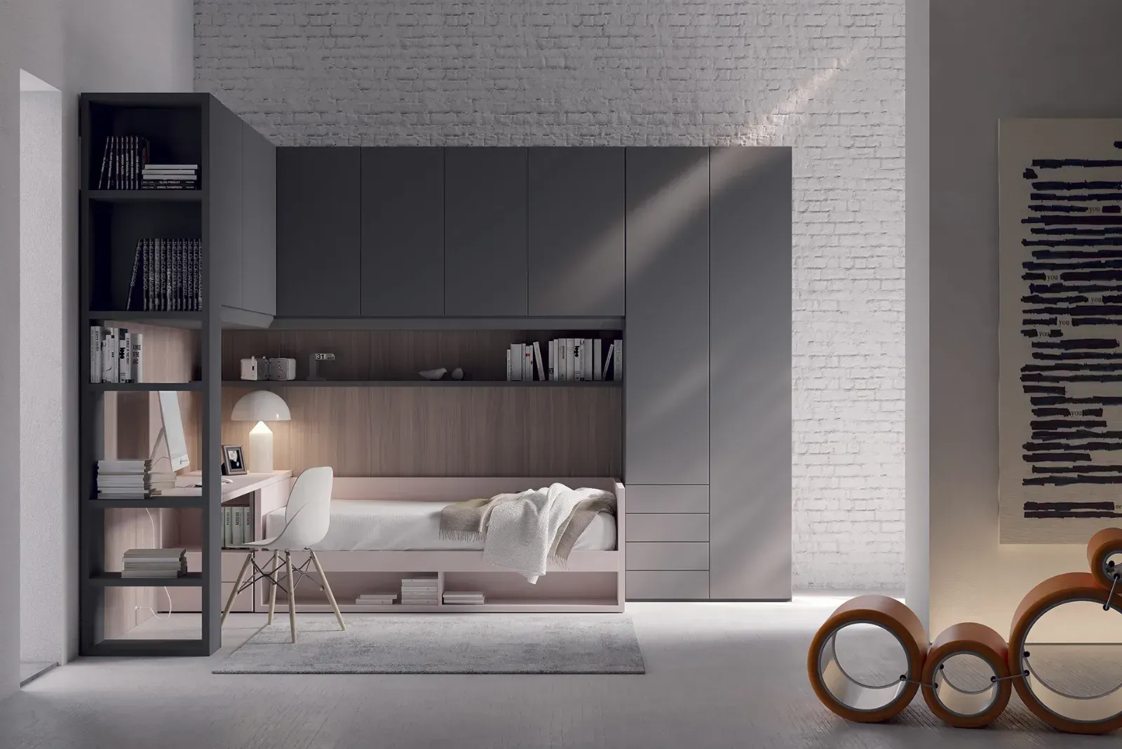 Una camera da letto con un letto, una scrivania e un armadio