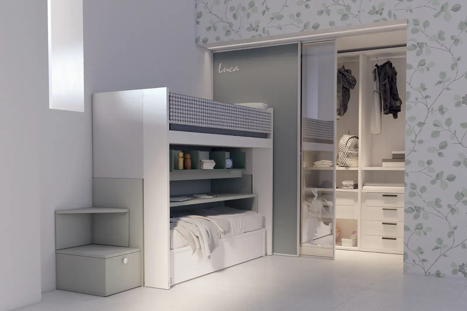 Una camera con letto a castello e cabina armadio