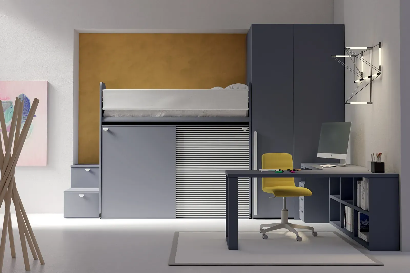 Una camera con un letto a castello e una scrivania con una sedia gialla