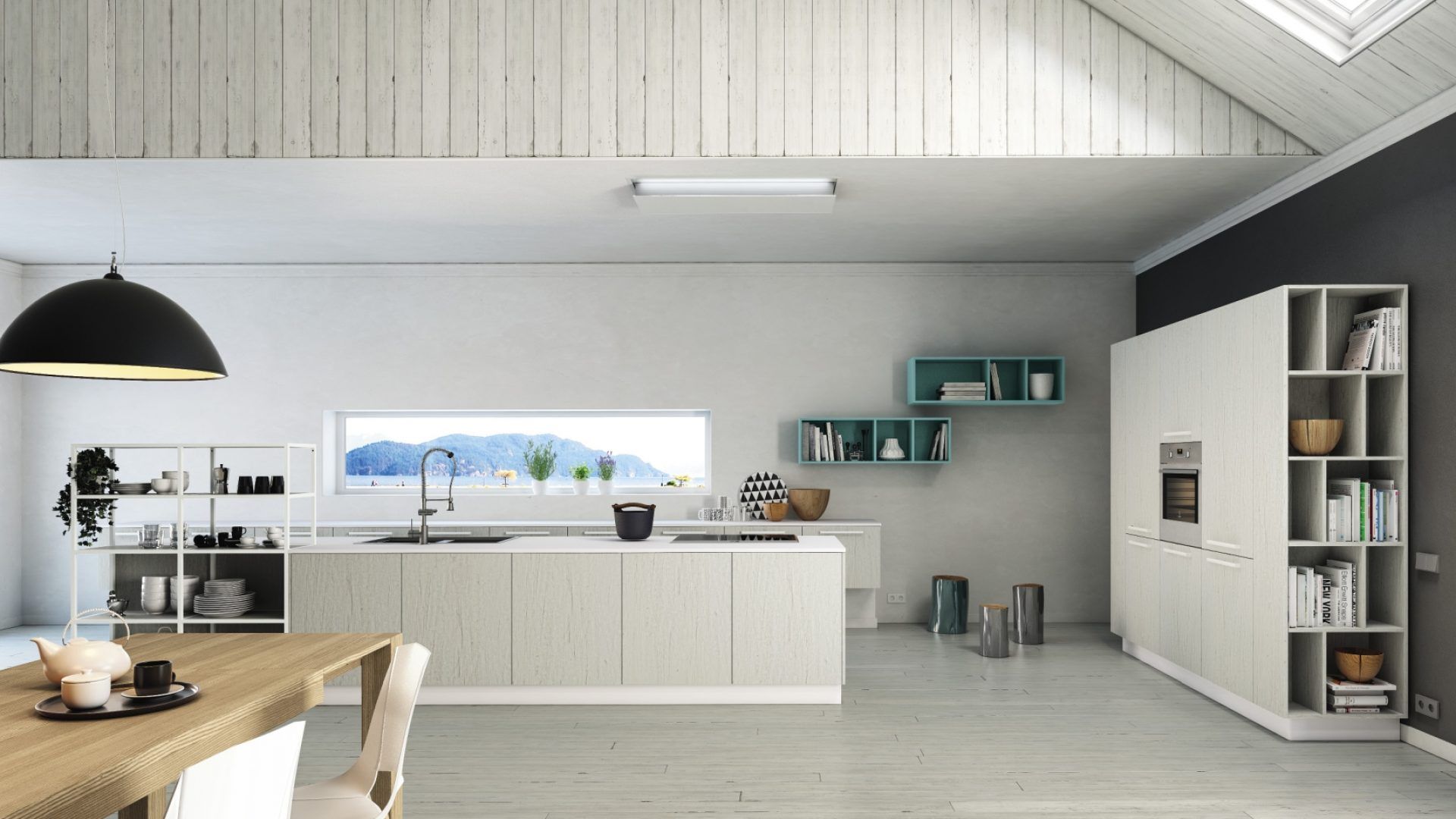 Una cucina con mobili bianchi, tavolo e sedie