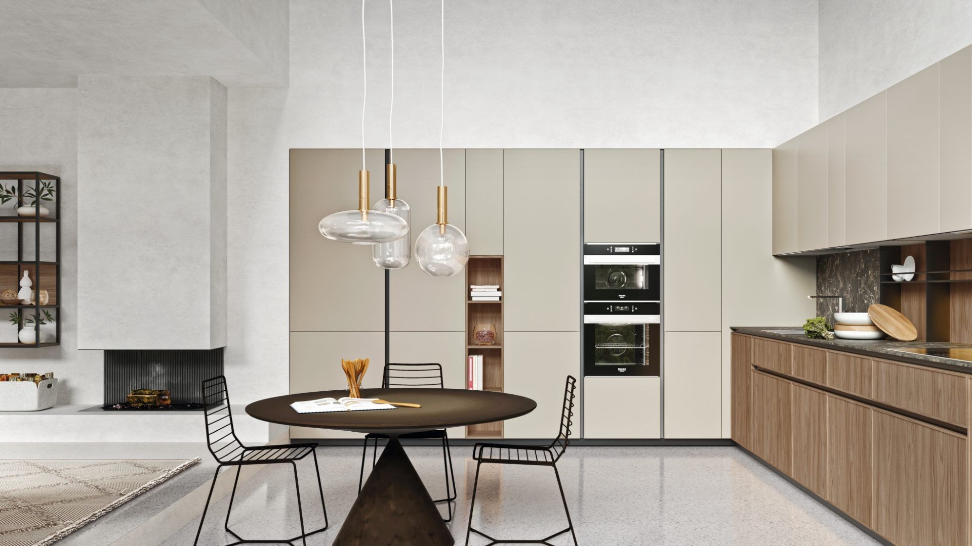 Una cucina con un tavolo rotondo e delle sedie