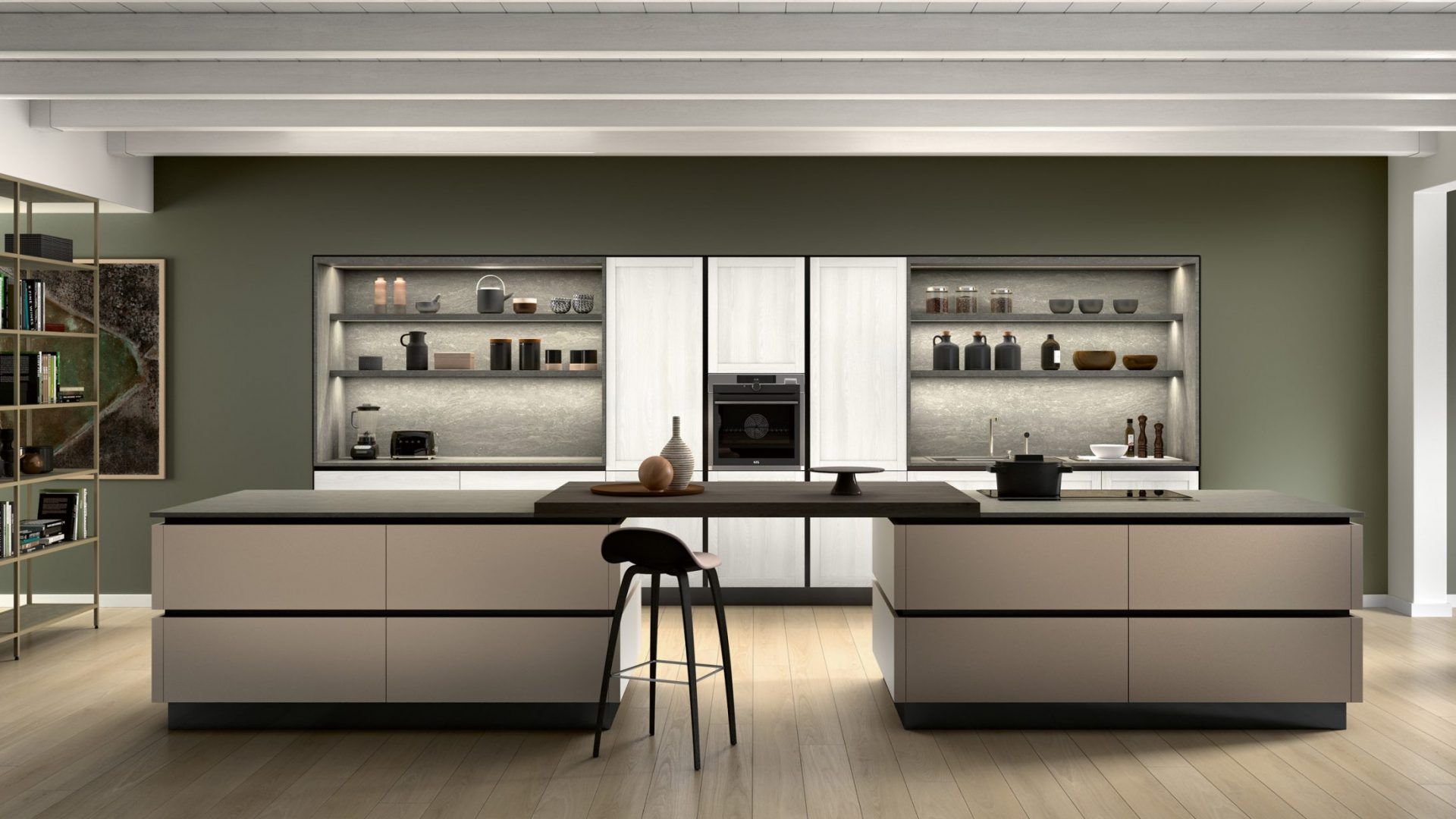 Una cucina con una grande isola al centro