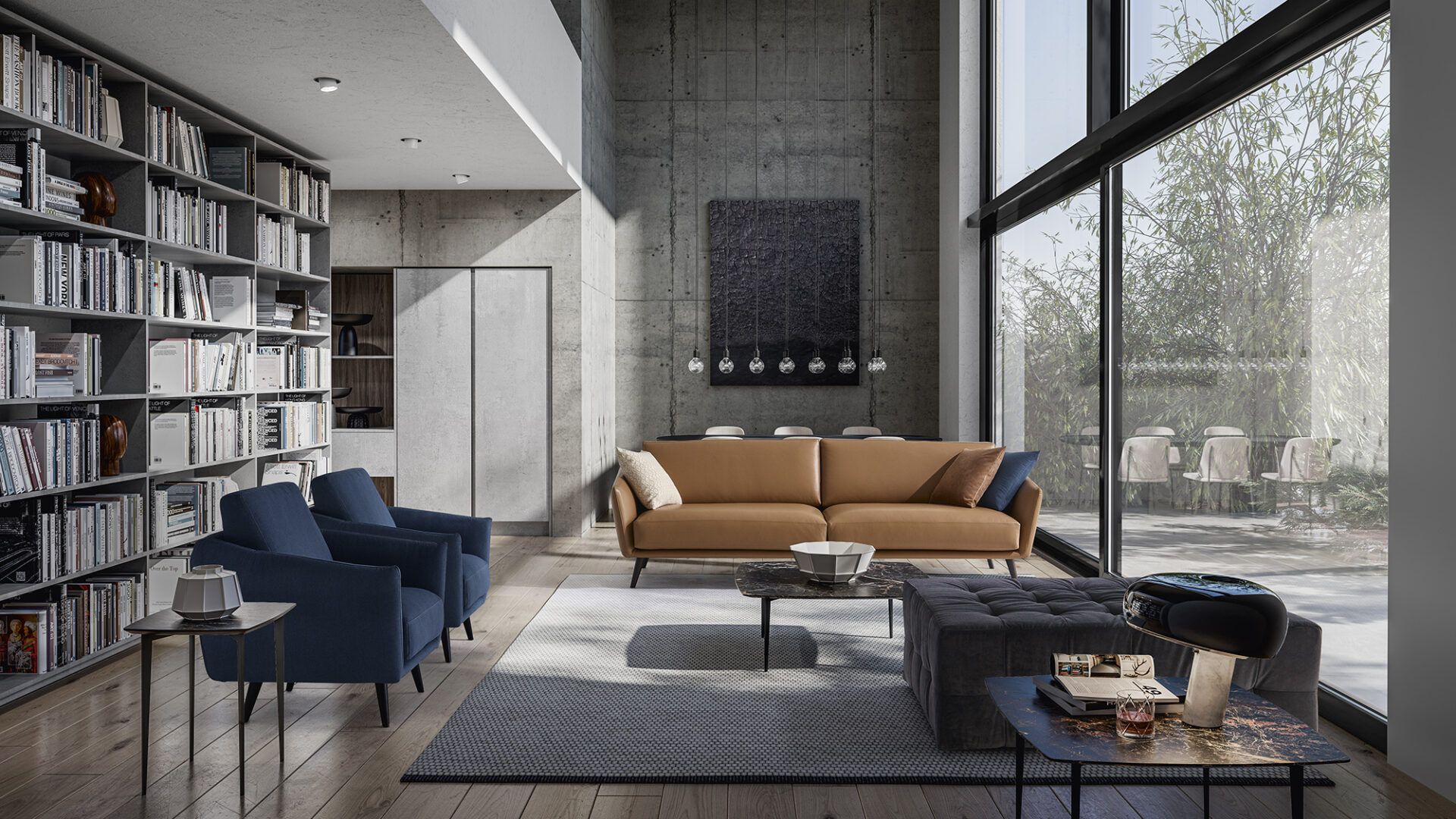 Un soggiorno con un divano marrone e sedie blu