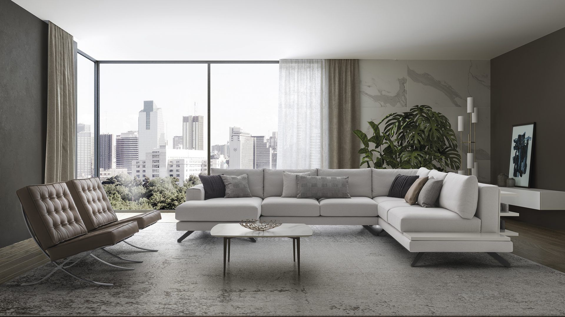 Un soggiorno con un grande divano componibile, due sedie e un tavolino.