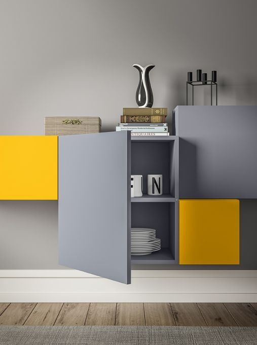 Un mobile grigio e giallo con la porta aperta