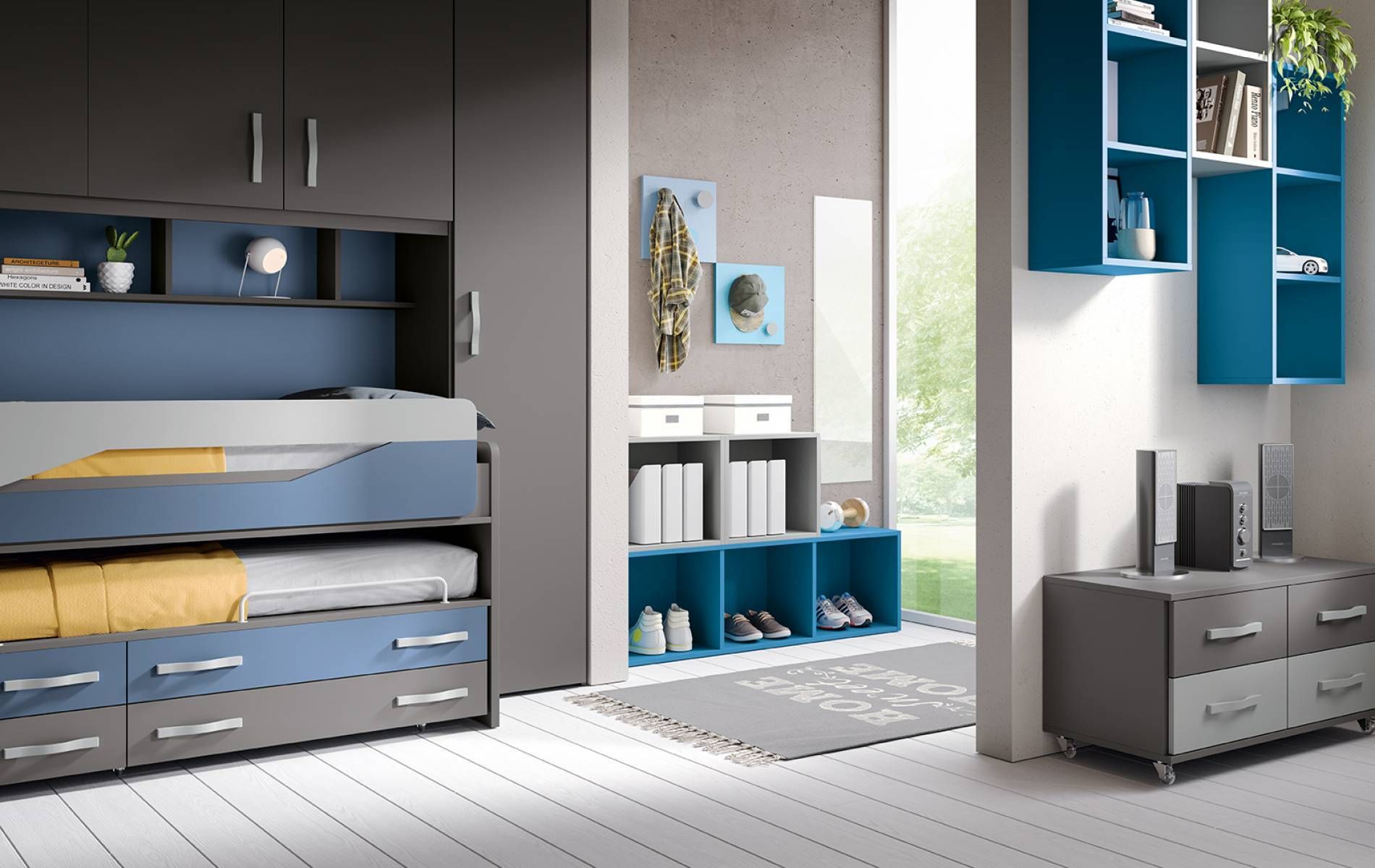 Una camera con un letto a castello e una cassettiera