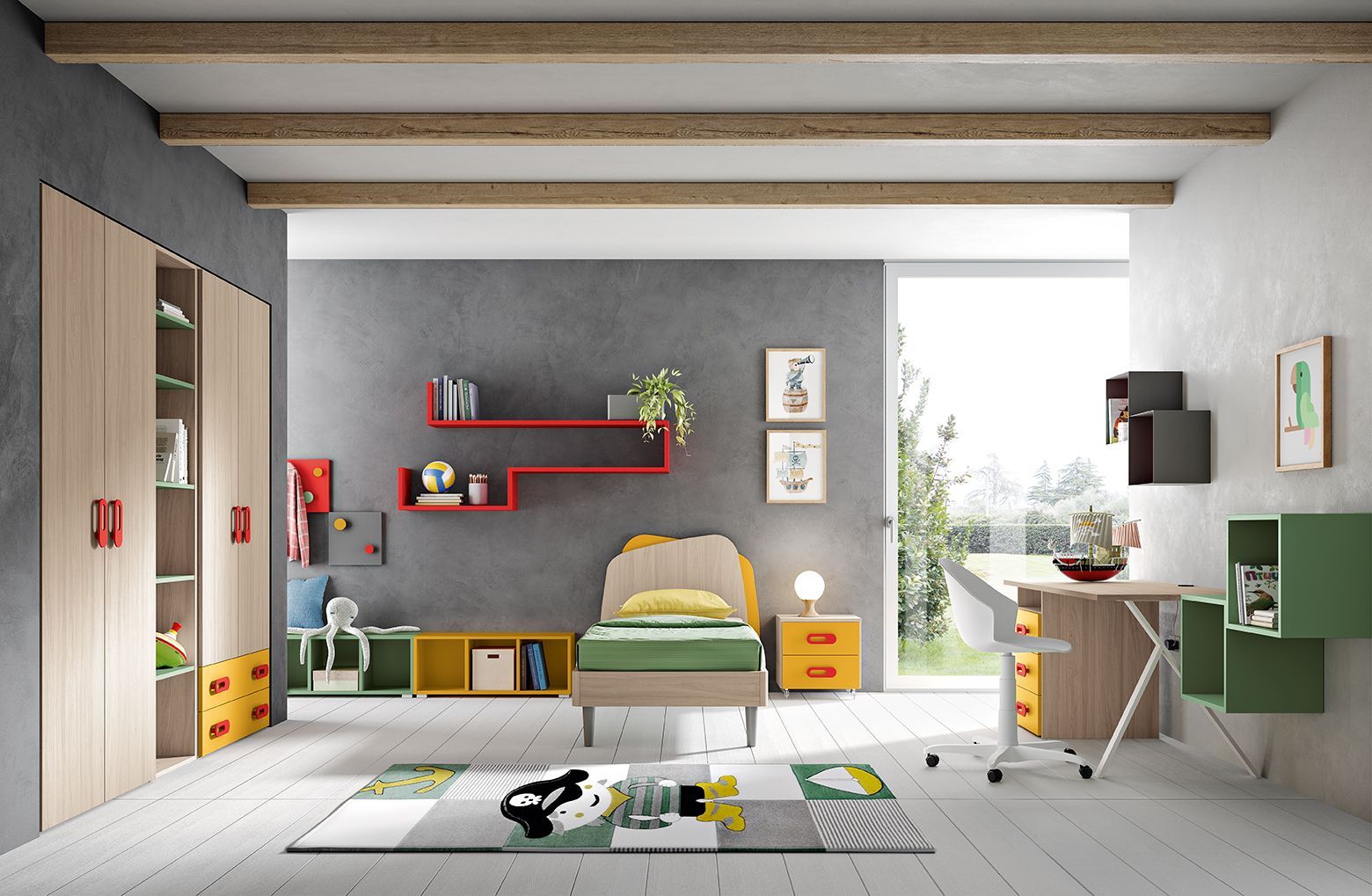 Una camera da letto con un letto singolo e una scrivania