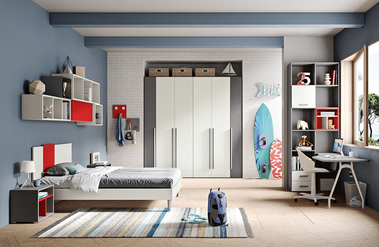 Una camera da letto con un letto, una scrivania e una tavola da surf sul muro