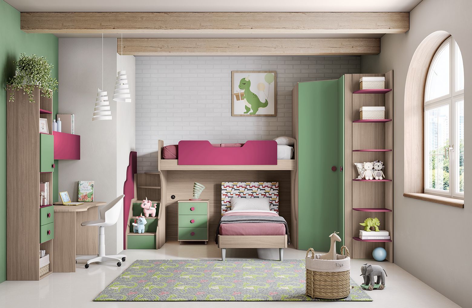 Una camera da letto con un letto a castello e un'immagine di un dinosauro sul muro