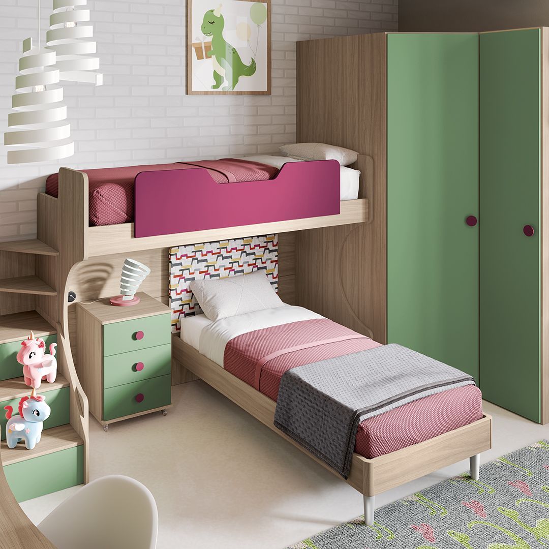 Una camera da letto con un letto a castello e un'immagine di un dinosauro sul muro