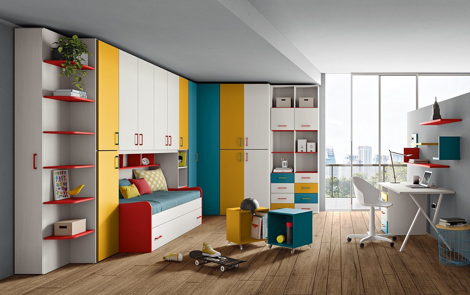 Una camera da letto per bambini con un letto e una scrivania