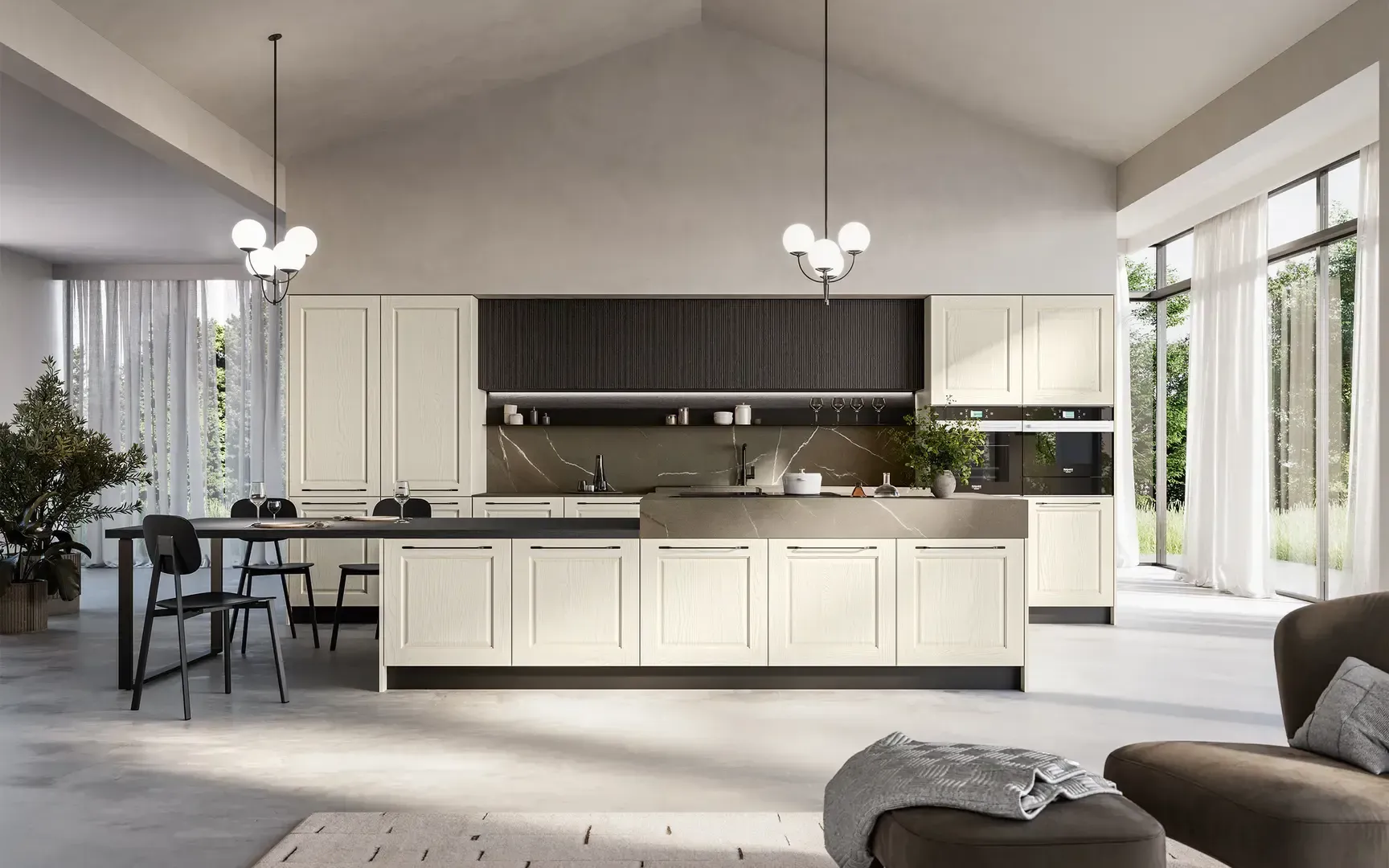 Una cucina con mobili bianchi e una grande isola al centro