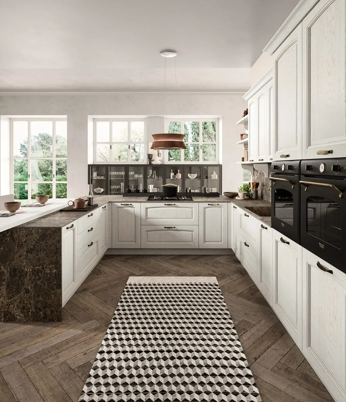 Una cucina con mobili bianchi ed elettrodomestici neri e un tappeto bianco e nero