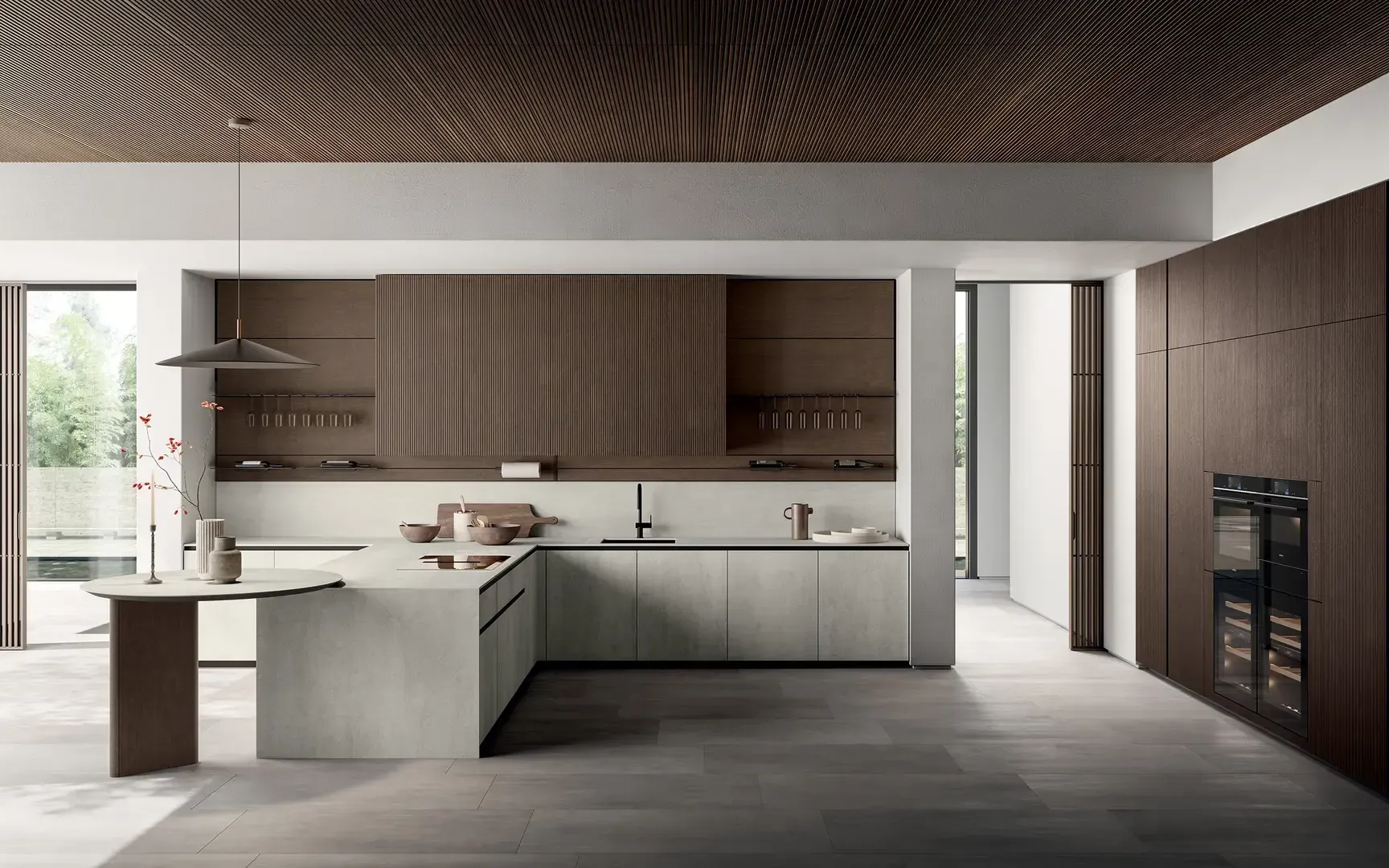 Una cucina con un soffitto decorato con un motivo