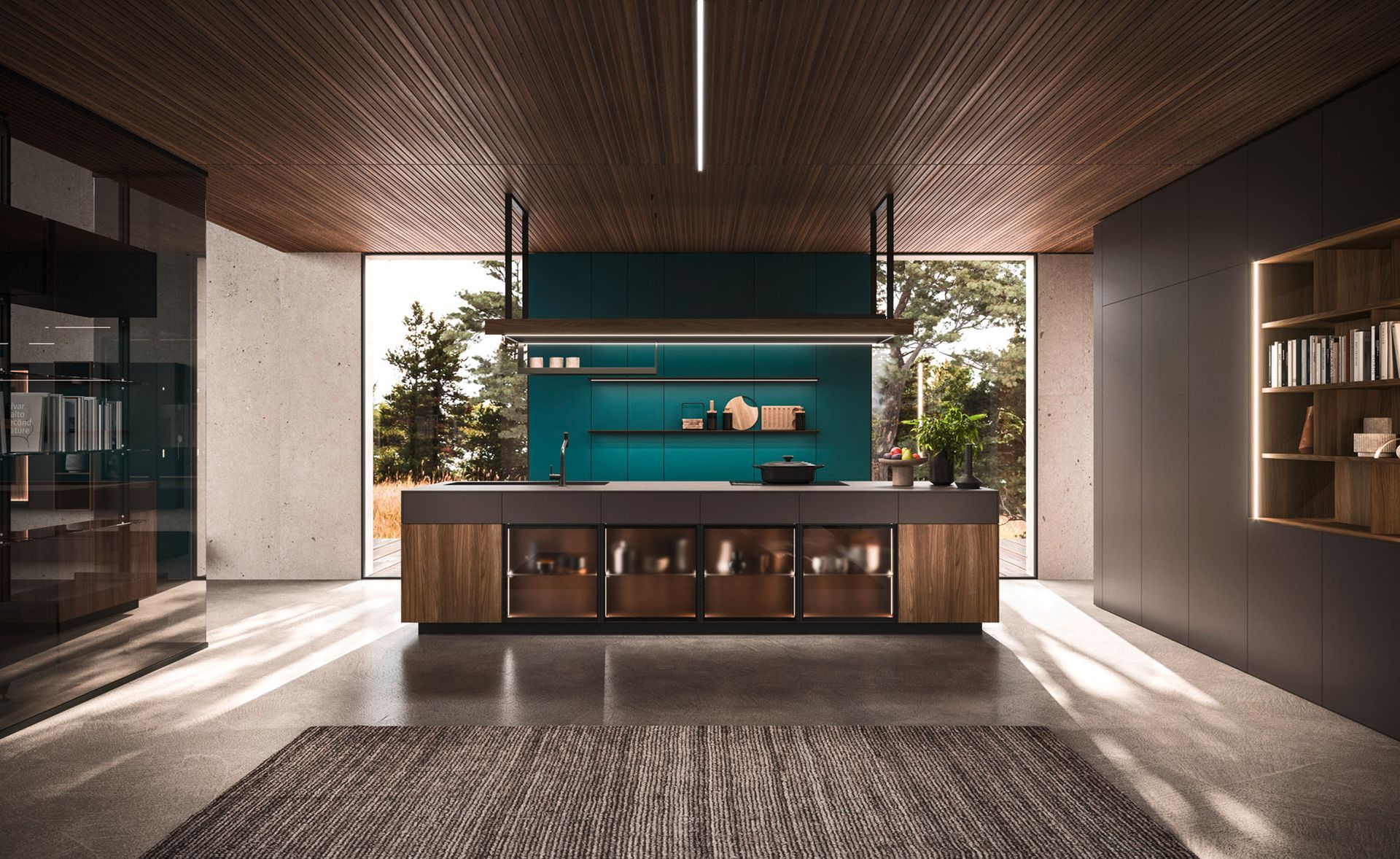 Una cucina moderna con una grande isola al centro