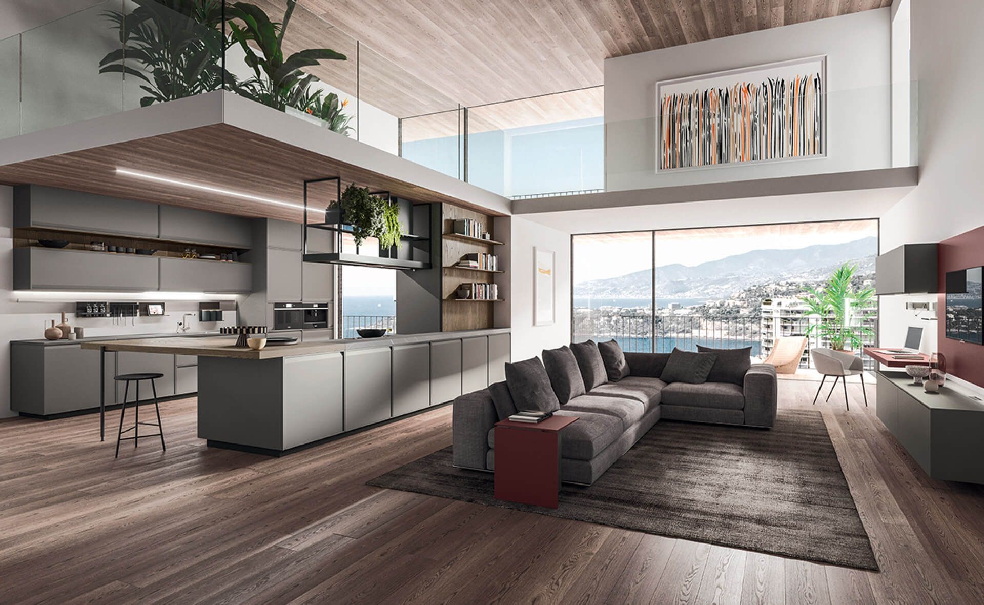 Un soggiorno con un grande divano componibile e una grande finestra