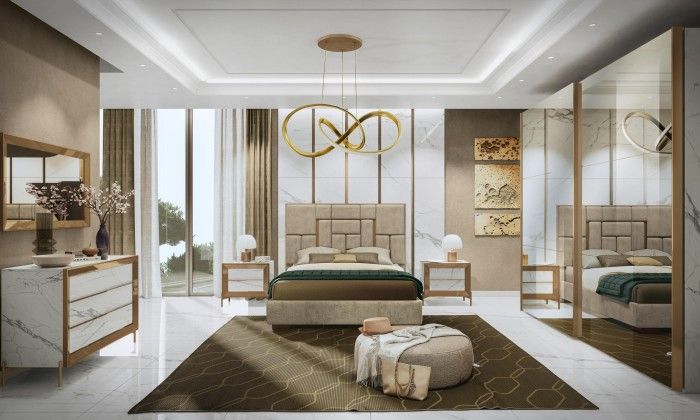 Una camera da letto con un letto, una cassettiera, un comodino, uno specchio e un tappeto.