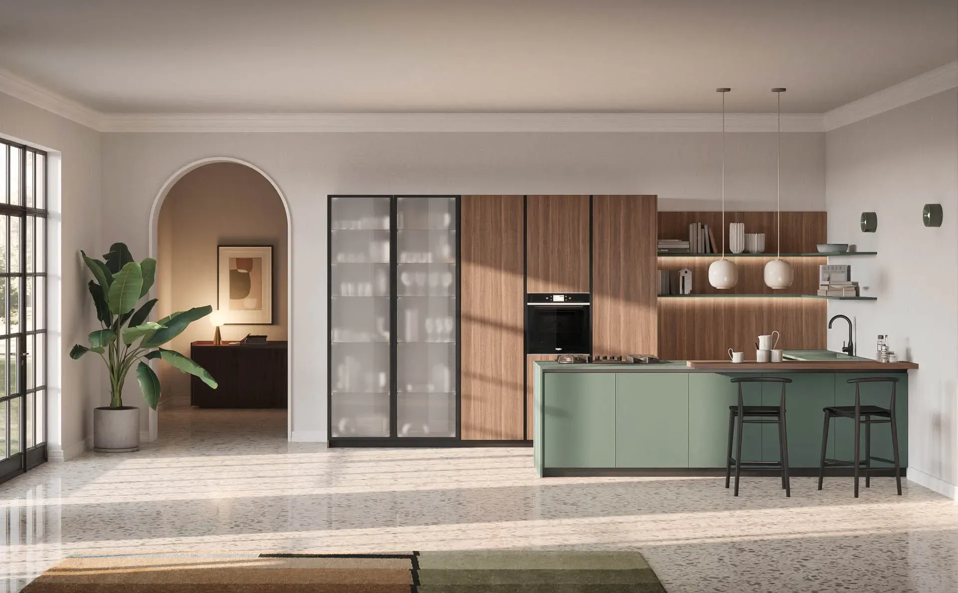 Una cucina con mobili verdi e mobili in legno