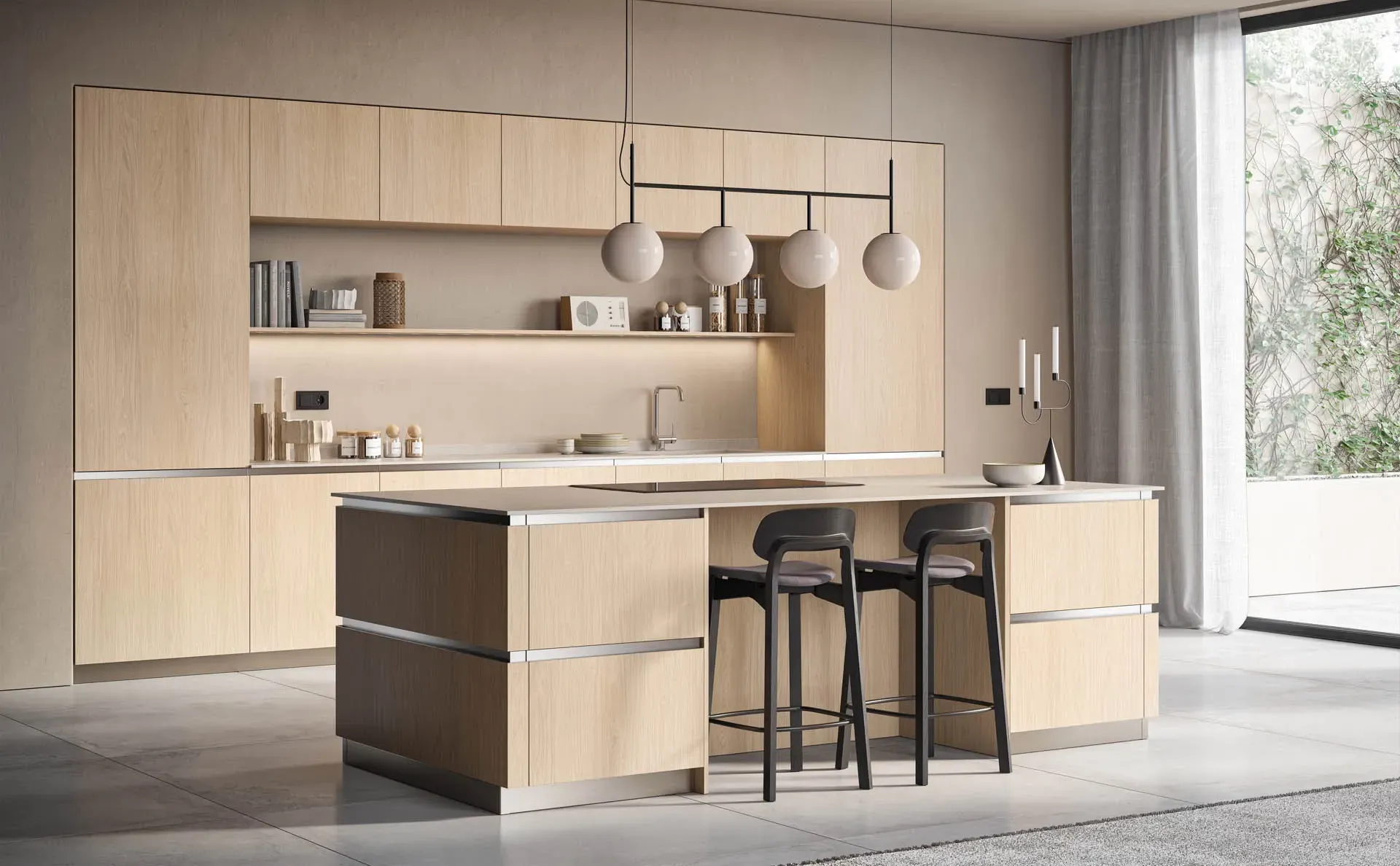 Una cucina con mobili in legno ed elettrodomestici in acciaio inossidabile