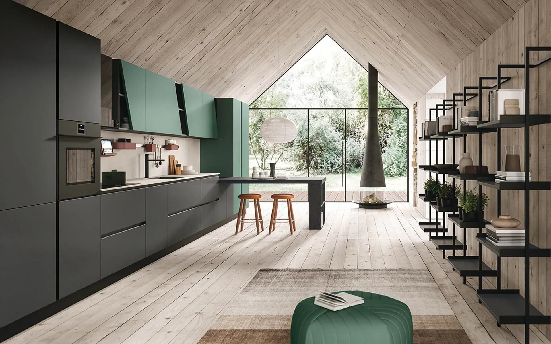 Una cucina con mobili verdi e un pouf verde
