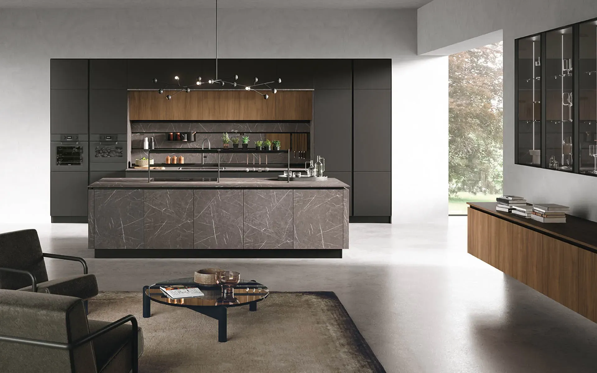 Un soggiorno con una grande isola al centro