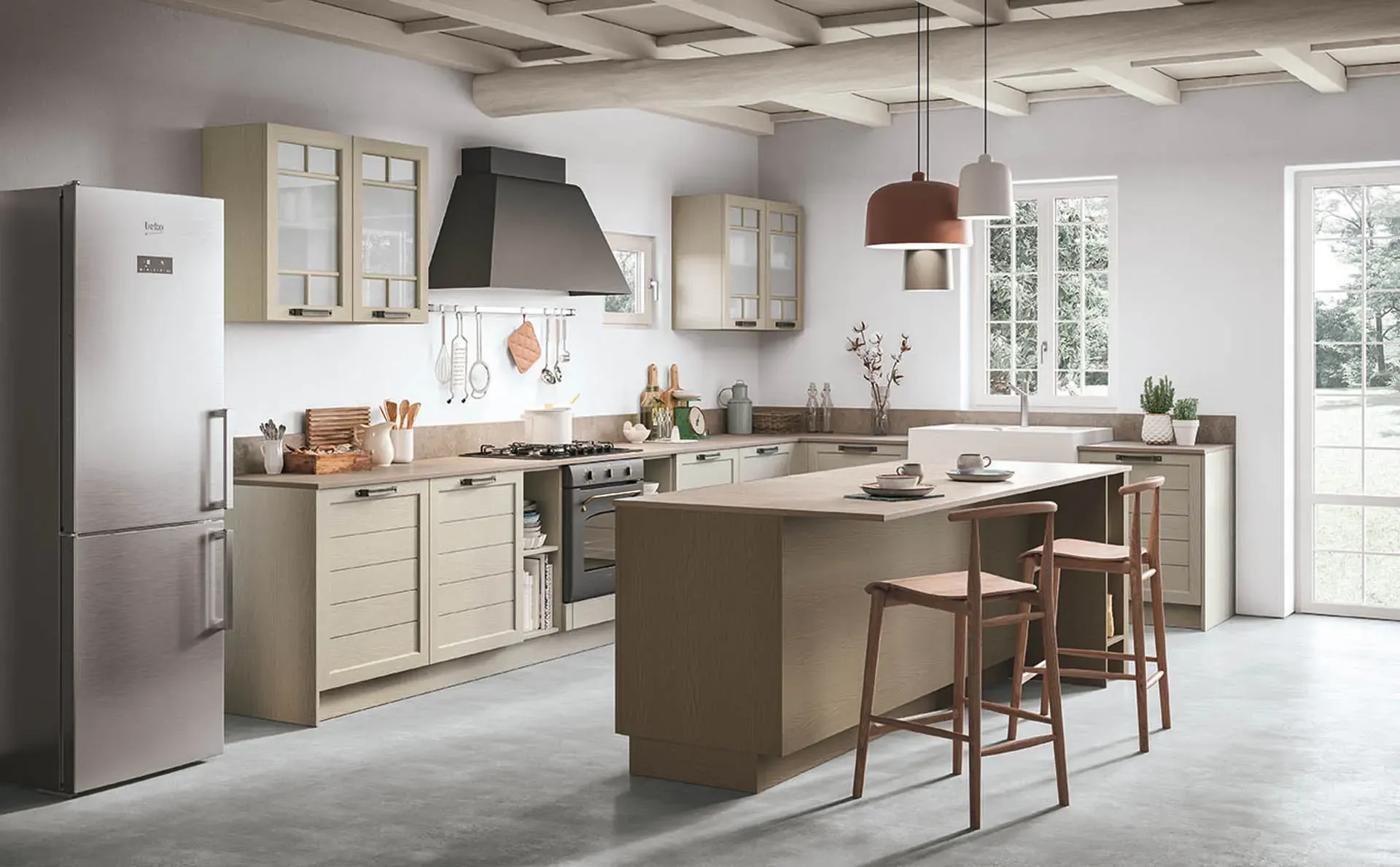 Una cucina con una grande isola e sgabelli