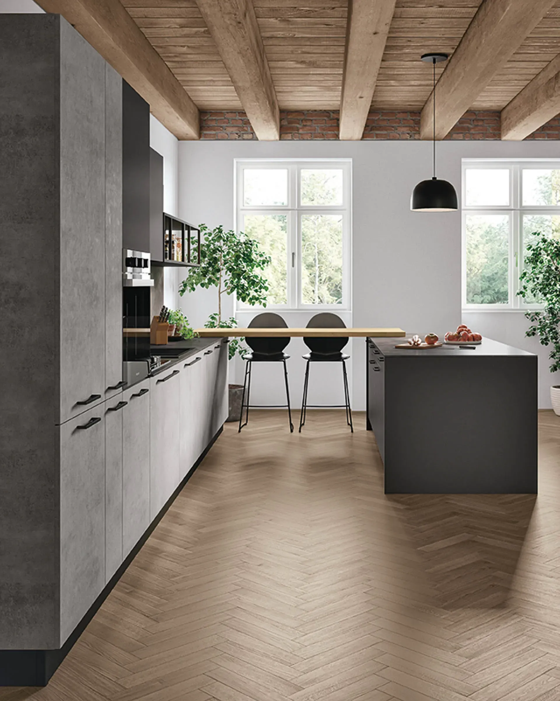 Una cucina con una grande isola e un soffitto in legno