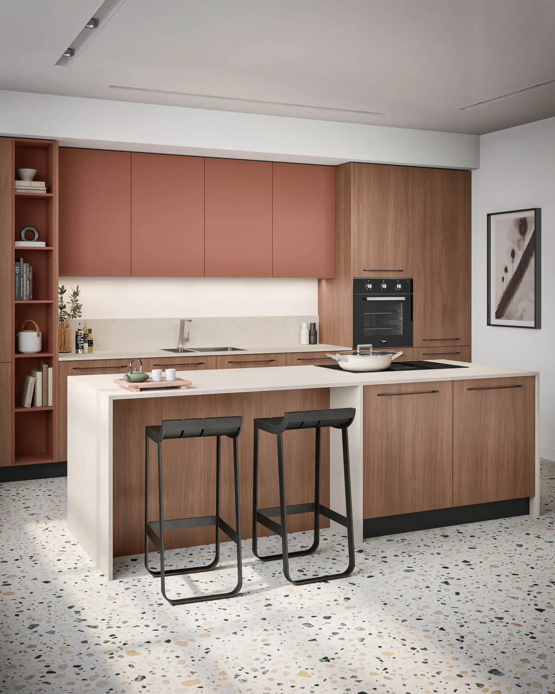 Una cucina con mobili in legno e un piano di lavoro bianco