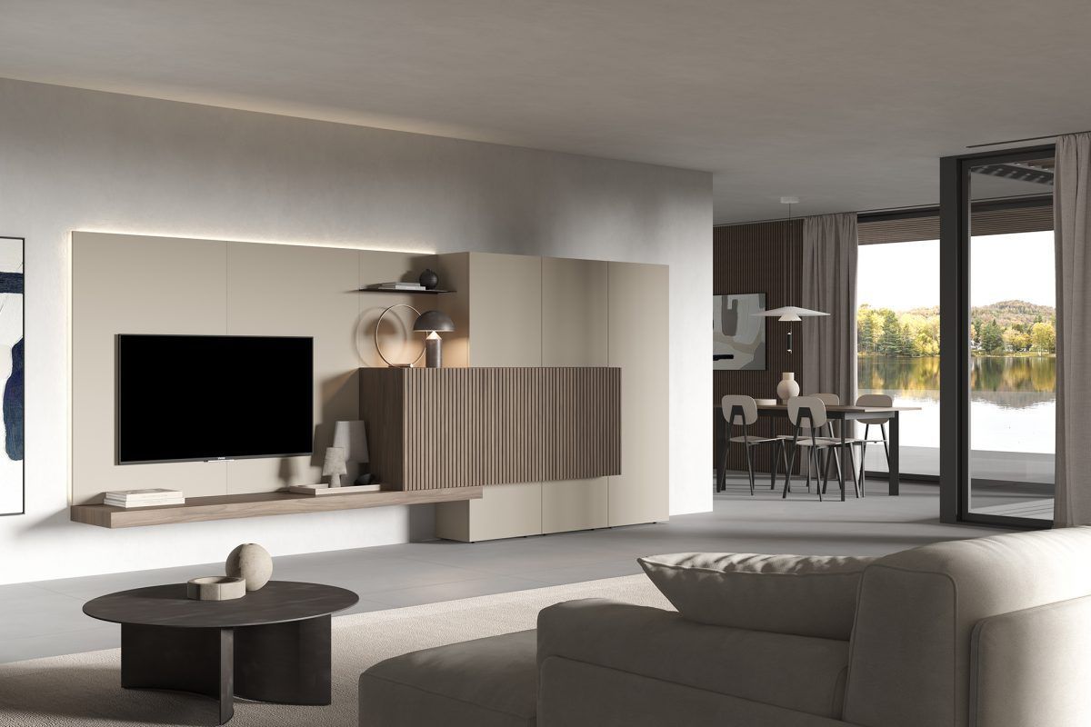 Un soggiorno con un divano, un tavolo e una televisione