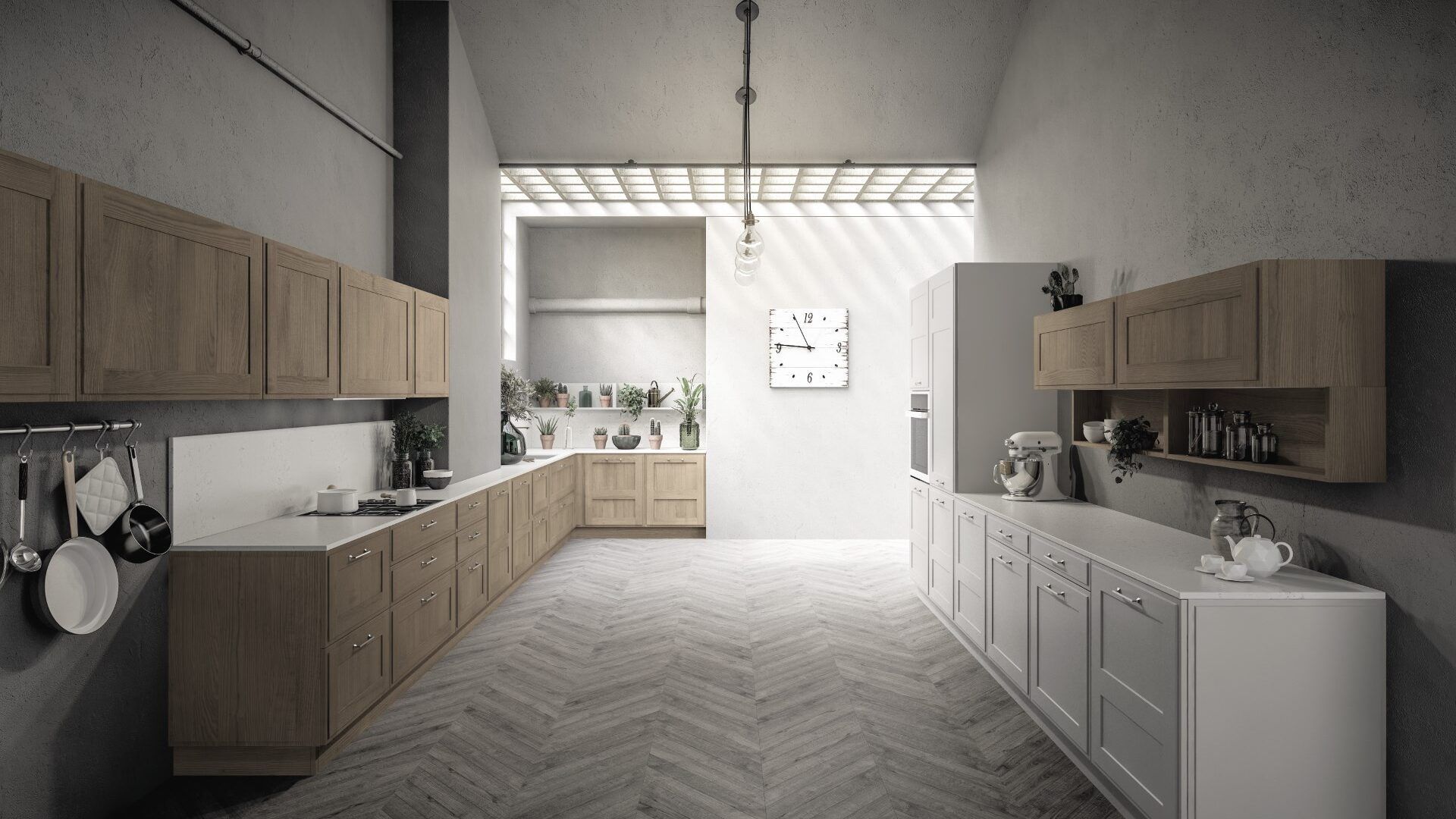 Una lunga cucina con mobili in legno e ripiani bianchi.