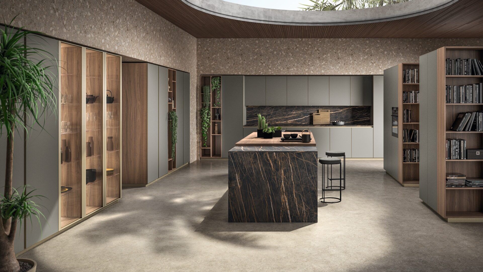 Una cucina con una grande isola al centro