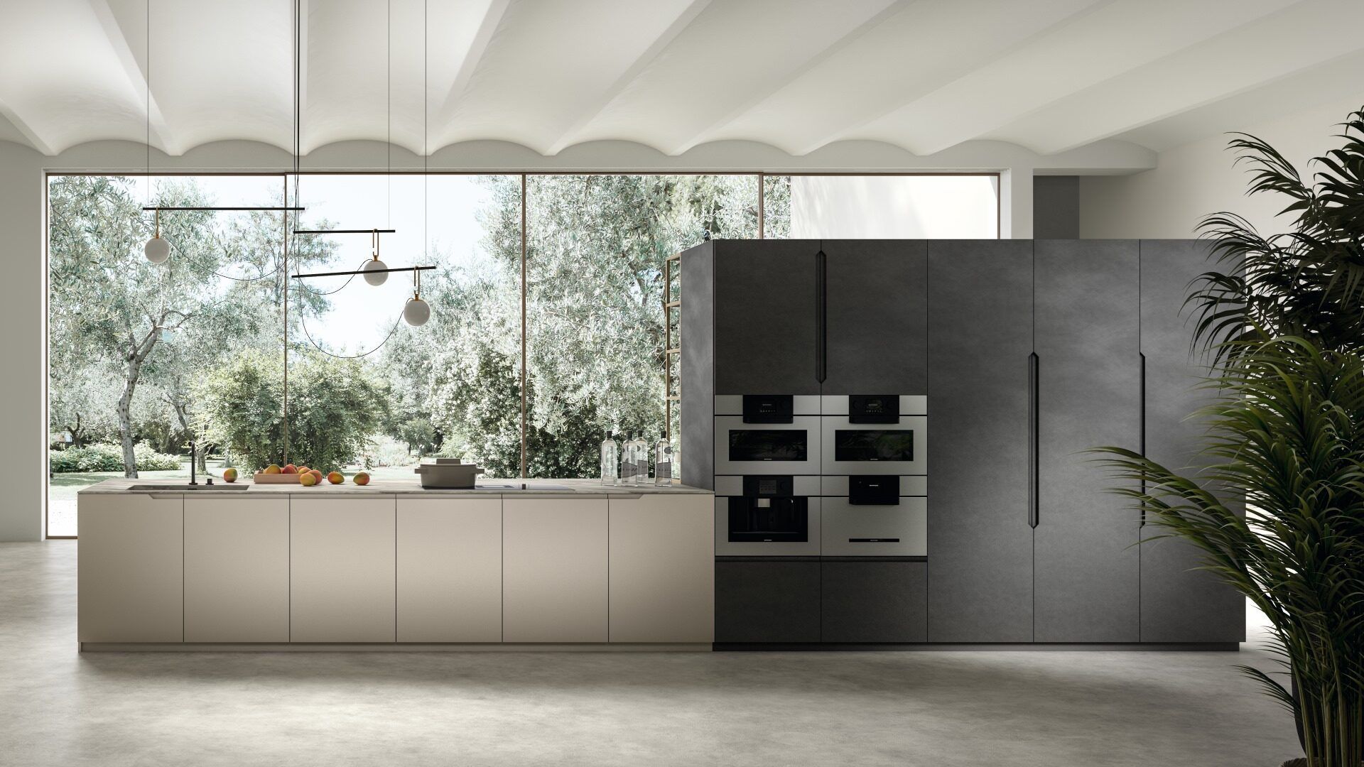 Una cucina con una grande isola e una grande finestra