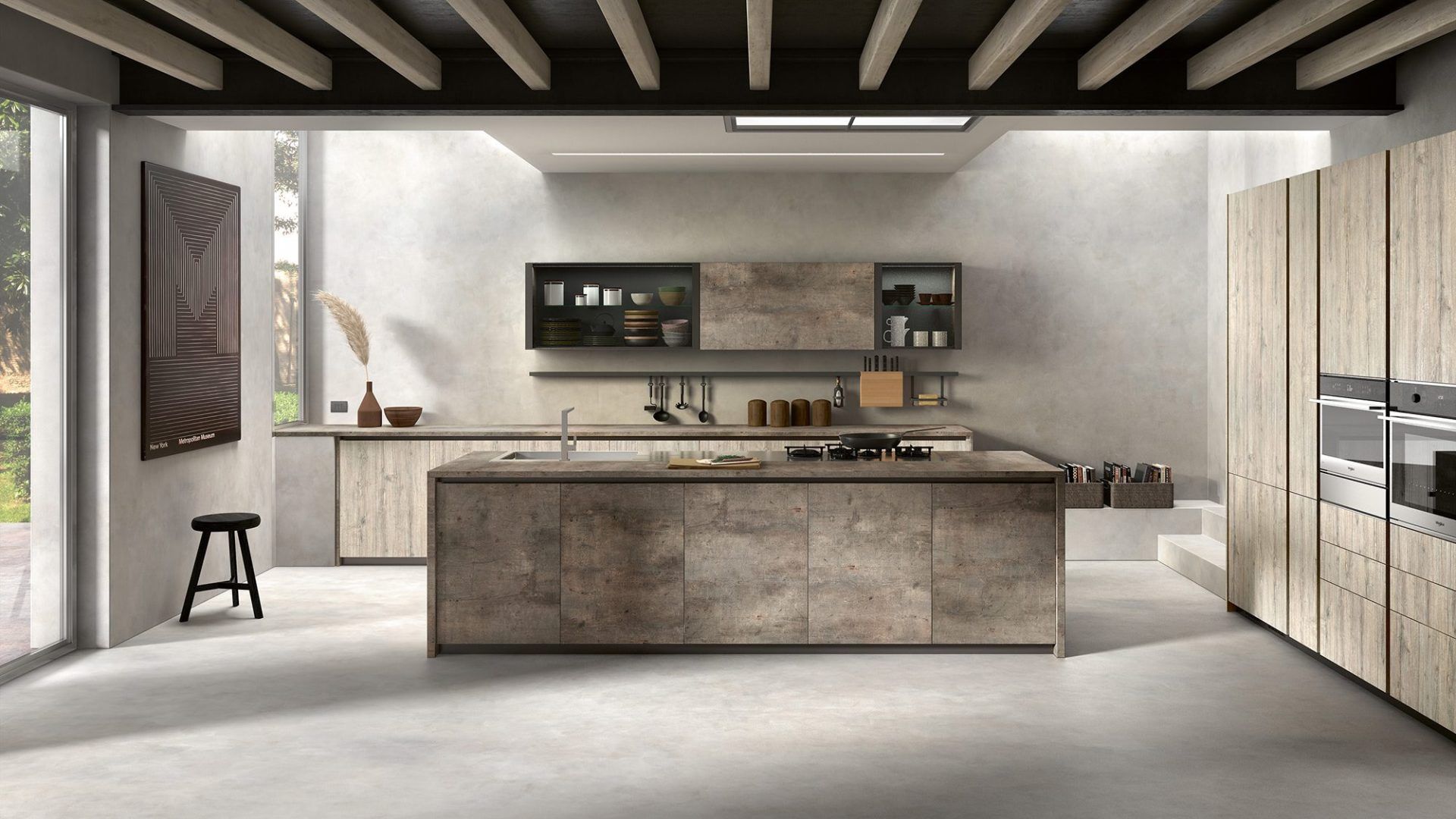 Una cucina con una grande isola al centro