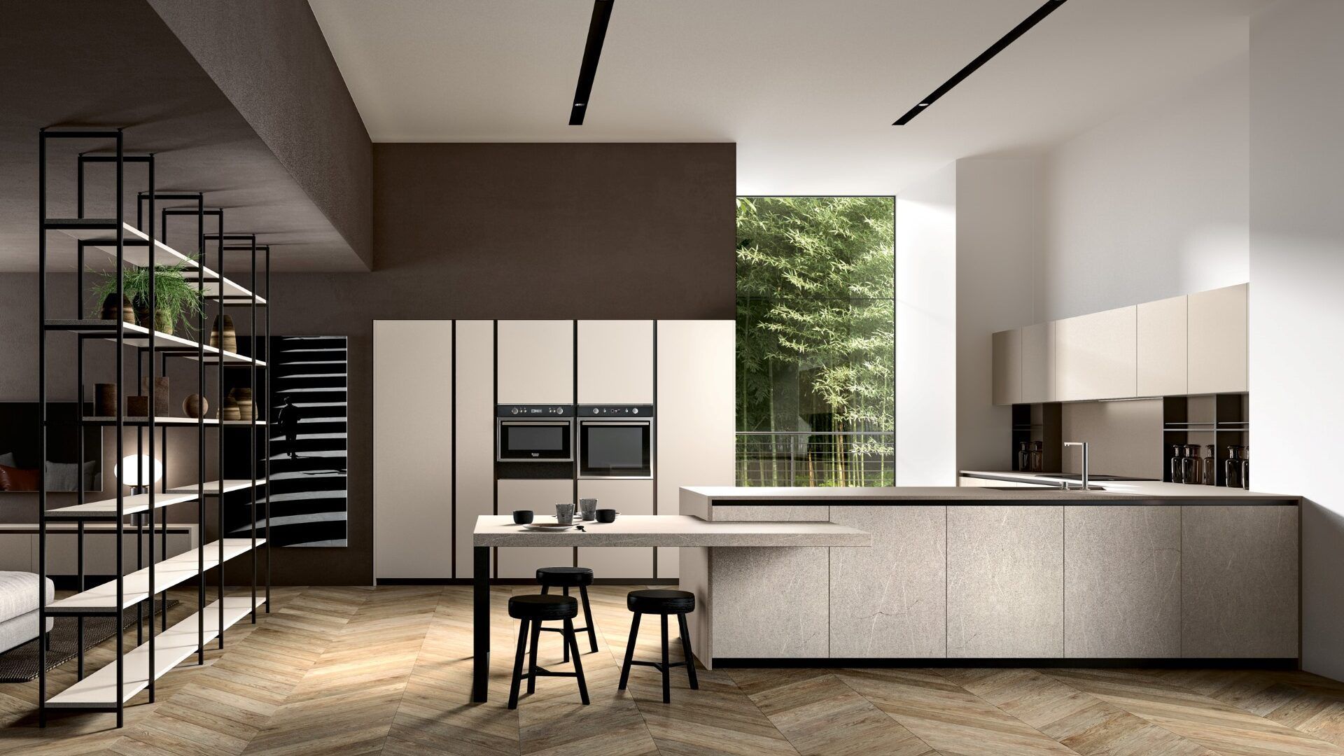 Una cucina con un tavolo e degli sgabelli