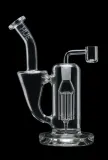 A clear glass water pipe, or rig, featuring a tree percolator, a flared mouthpiece labeled 