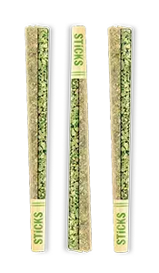 Three pre-rolled cannabis joints featuring tan paper, green plant material, and branded 