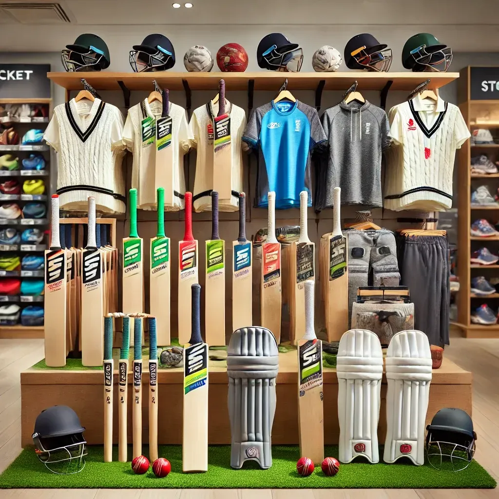 A display of cricket bats , pads , helmets and shirts in a store.