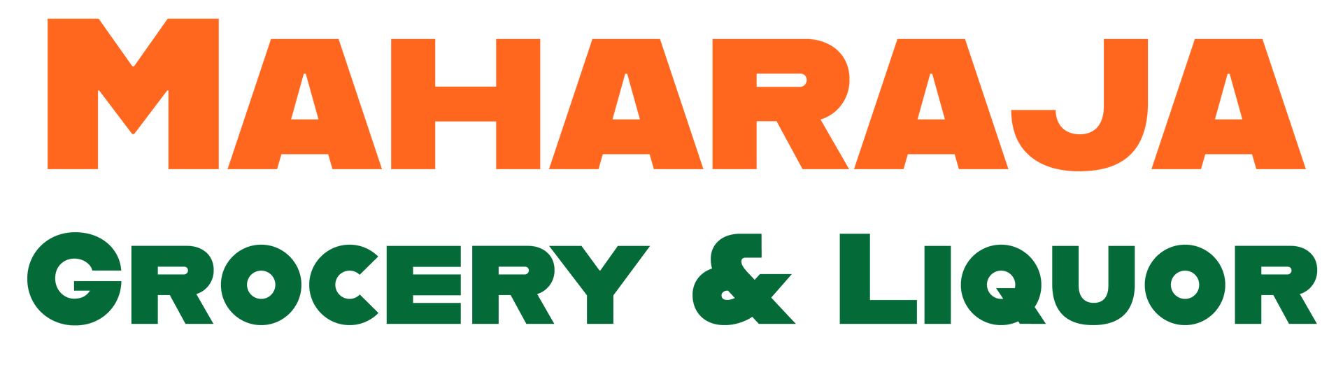 The logo for maharaja grocery and liquor is orange and green