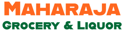 The logo for maharaja grocery and liquor is orange and green