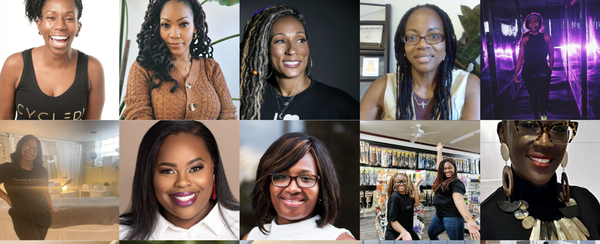 A collage of images of a group of women standing next to each other.