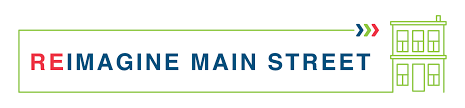 A logo for reimagine main street with two buildings