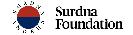 A logo for the surdna foundation with a red and blue circle